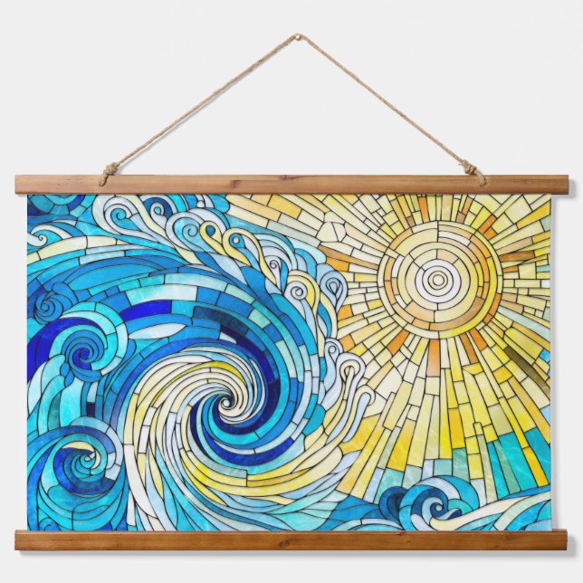 Ocean Wave Sun Mosaik Art Wandteppich Mit Holzrahmen (Vorne)