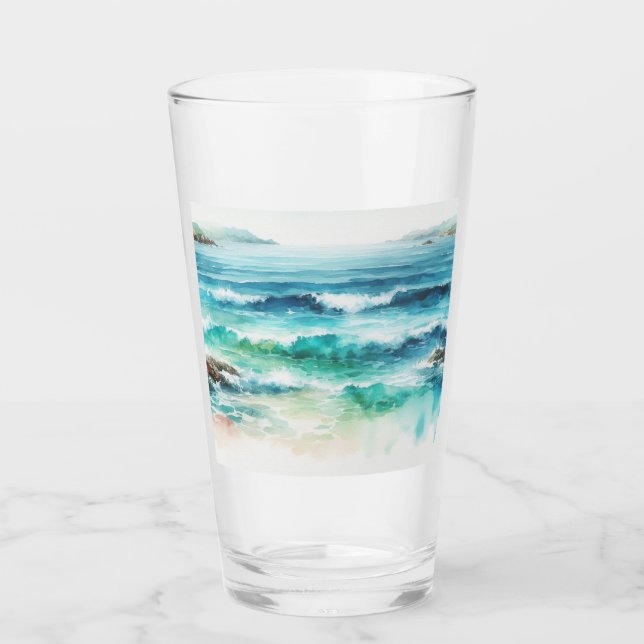 Ocean Waves Beach Aquarellbilder Glas (Vorderseite)