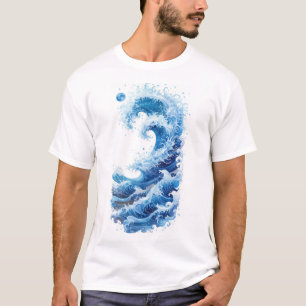Ocean Waves Blue Graphic auf weißem T - Shirt