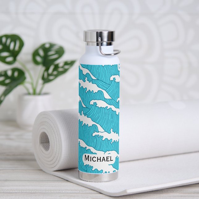 Ocean Waves Blue Motif Nom personnalisé Bouteille  (Yoga)