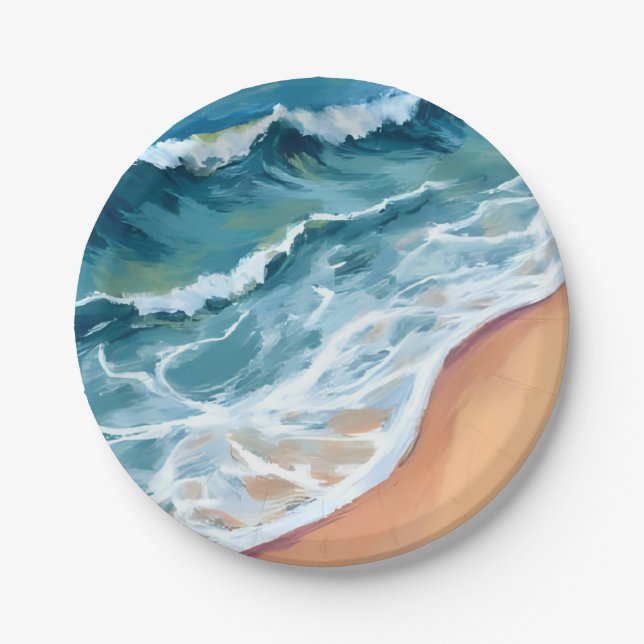 Ocean Waves Blue Watercolor Coastal Pappteller (Vorderseite)