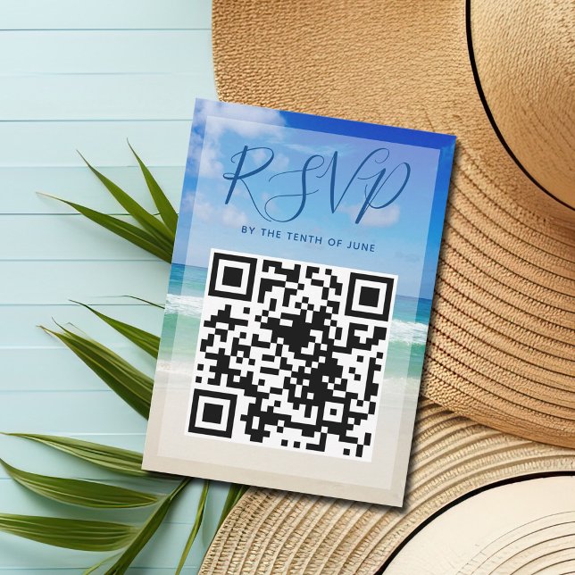 Ocean Waves Foto QR Code Beach Wedding RSVP Card (Von Creator hochgeladen)