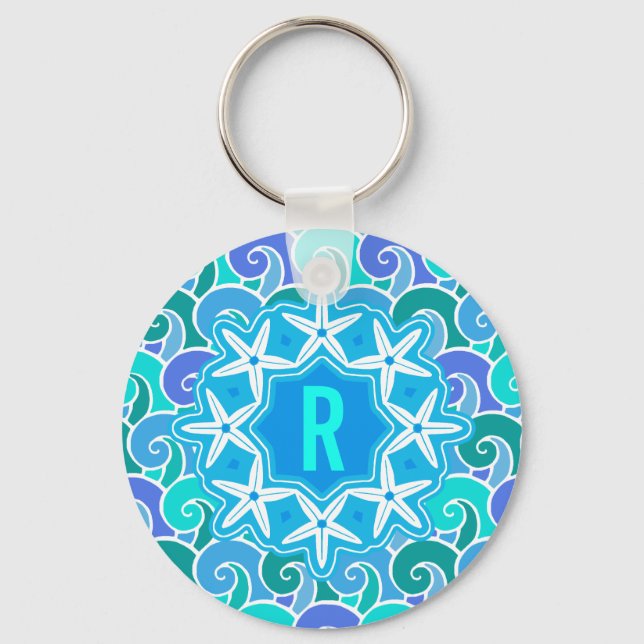 Ocean Waves Nautic Beach Starfish Monogram Blue Schlüsselanhänger (Vorderseite)