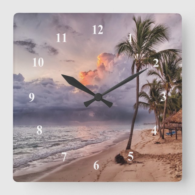 Ocean Waves Sandy Beach Sonnenuntergang Quadratische Wanduhr (Vorderseite)