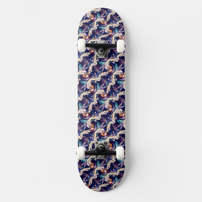 Ocean Waves Sea Japanisches Abstraktes Muster Skateboard (Vorderseite)