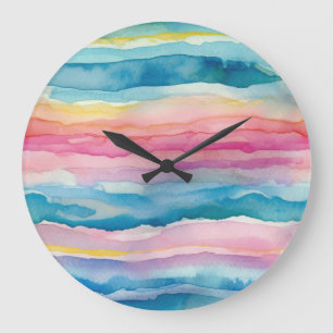 Ocean Waves Wasserfarbe Regenbogen Inspiriert Stre Große Wanduhr