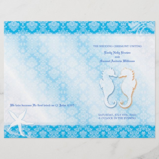 Oceanfront Seepferd Blue Wedding Bi Fold Program (Vorderseite)