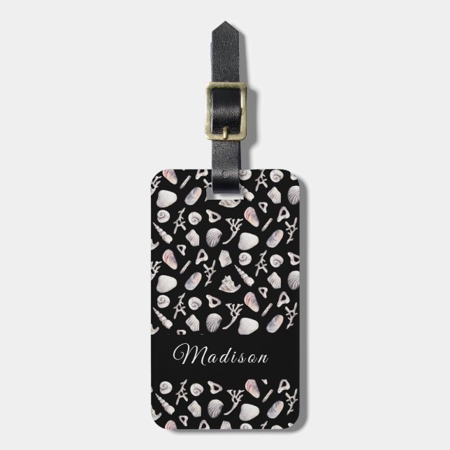 Oceania Sea Seashells Black Luggage Tag Gepäckanhänger (Vorderseite vertikal)