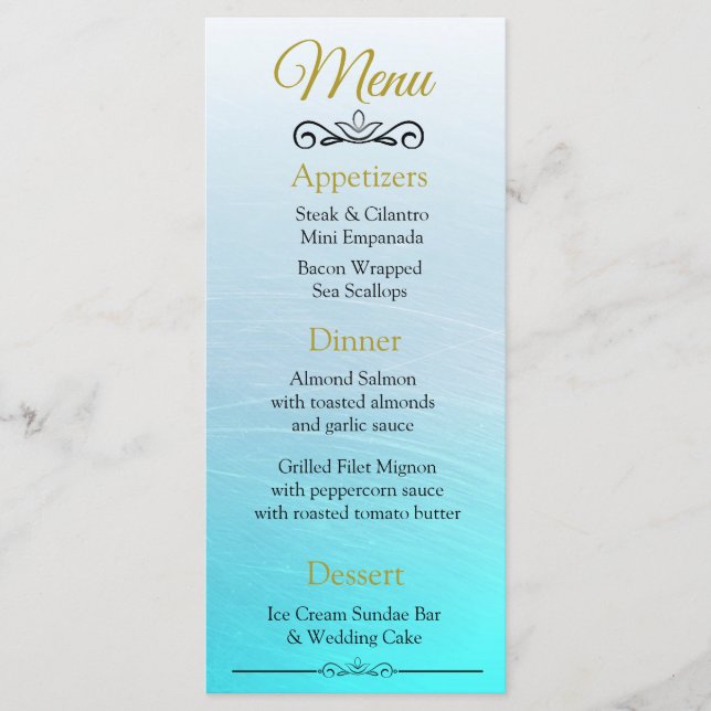 Oceanic Beach Themed Aqua Blue Wedding Card Menükarte (Vorderseite)