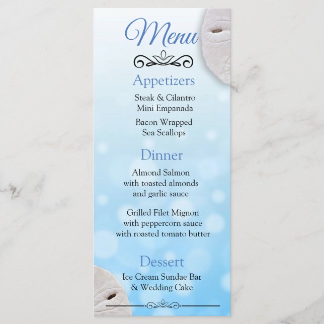 Oceanic Sand Dollar Aqua Blue Wedding Card Menükarte (Vorderseite)