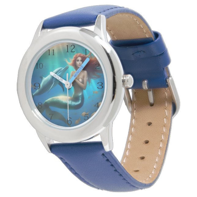 "Ocean's Dance: Eine Meerjungfrau und Delphinfahrt Armbanduhr (Schrägansicht)