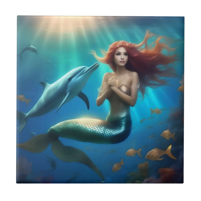 "Ocean's Dance: Eine Meerjungfrau und Delphinfahrt Fliese (Vorderseite)