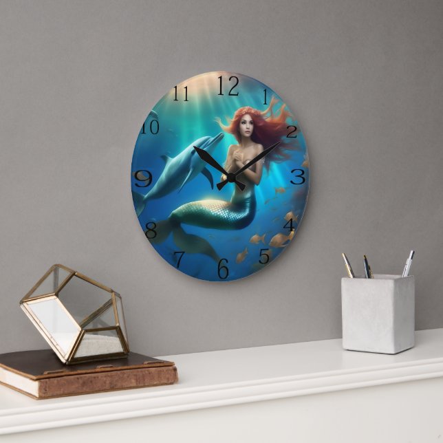 "Ocean's Dance: Eine Meerjungfrau und Delphinfahrt Große Wanduhr (Büro)