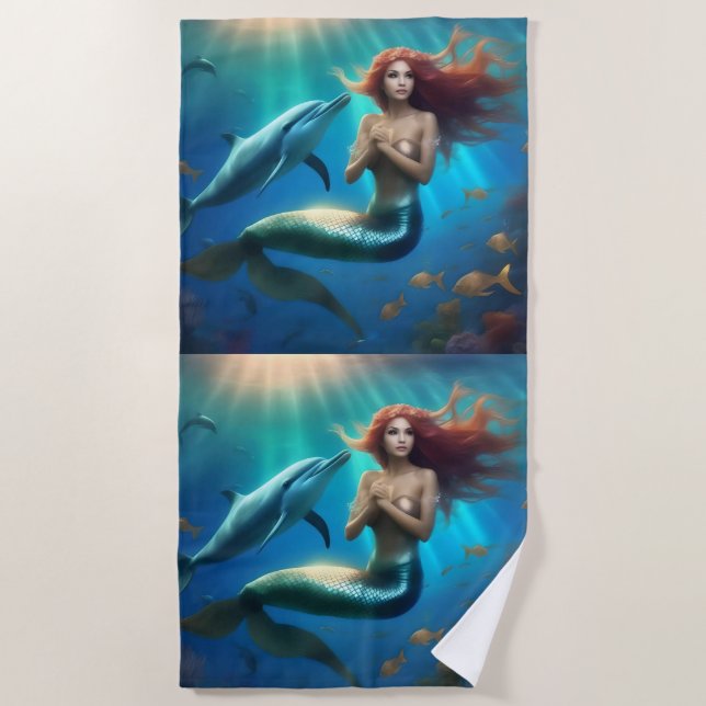 "Ocean's Dance: Eine Meerjungfrau und Delphinfahrt Strandtuch (Vorderseite)