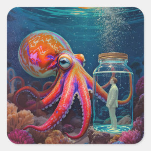 "Ocean's Silent Captive" - Octopus Portrait Quadratischer Aufkleber