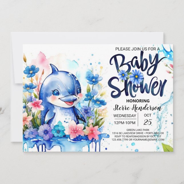 Ocean's Symphony: Babydusche mit Dolphin-Thema Einladung (Vorderseite)