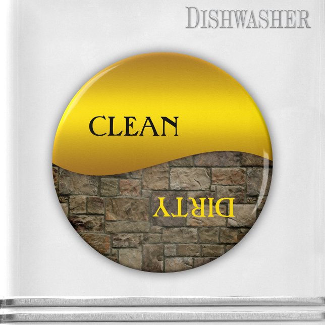 Ocher Stone Clean Dirty Lave-vaisselle Magnet (Clean-dirty dishwasher magnet featuring a gold ocher design on a sturdy brick background image)
