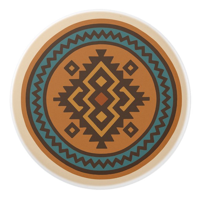 Ochre Aquamarin Zigzag Diamond Zapotec Keramik Kno Keramikknauf (Vorderseite)