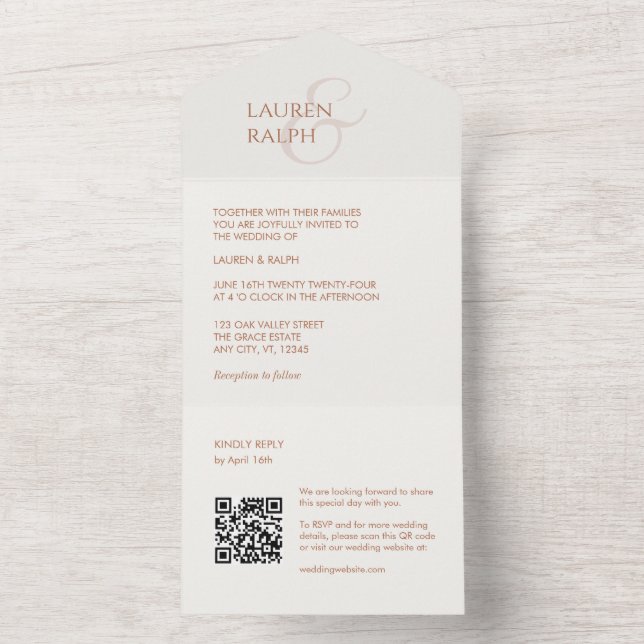 Ochre Ivory Monogram QR All in one Wedite Einladun Einladung (Innen Boden)