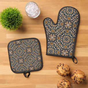 Ochre Mustard Brown Aquamarin Blue Bohemisch Bali  Ofenhandschuh & Topflappen-Set
