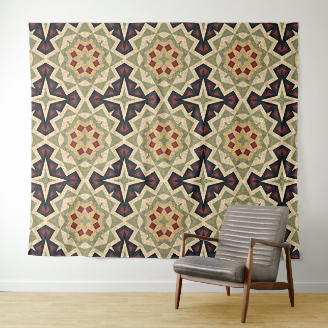 Ochre Mustard Yellow Olive Green Black Tribal Art Wandteppich (Beispiel (Horizontal))