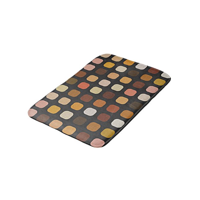 Ochre Rust Brown Peach Red Round Squares Muster Badematte (Schrägansicht)
