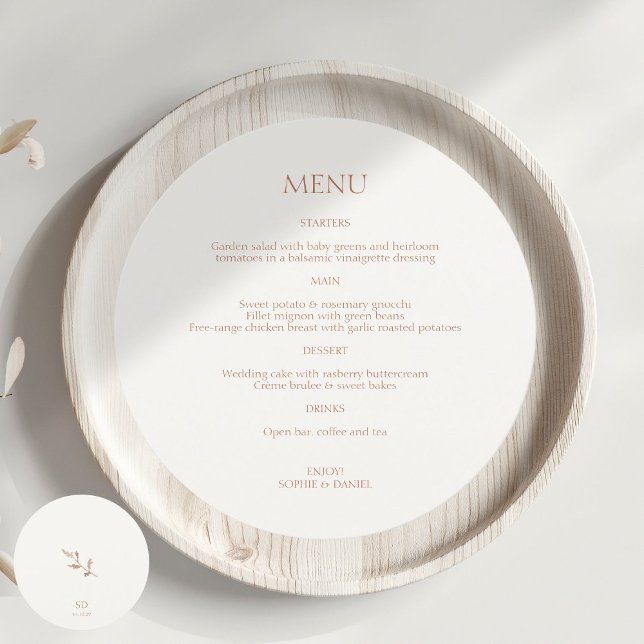 Ochre und Ivory Couple Initials Round Wedding Menu Menükarte (Von Creator hochgeladen)