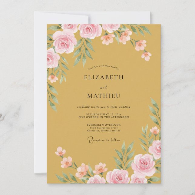 Ocker Exquisite Florale Hochzeit Einladung (Vorderseite)