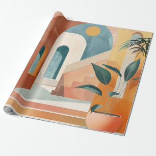 Ocker-Teal-Mid-Century-Tropen-Torbogen-Kunst Geschenkpapier
