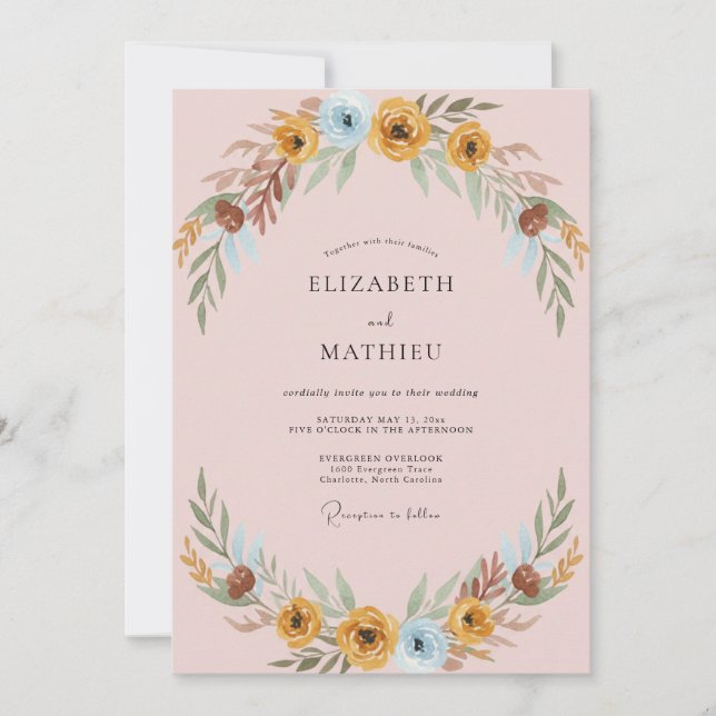 Ockerblaue Blätterhochzeit Einladung (Vorderseite)
