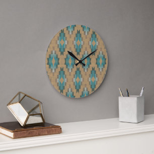 Ockerbraun Beigegrau Blaugrün Blau Tribal Art Must Große Wanduhr
