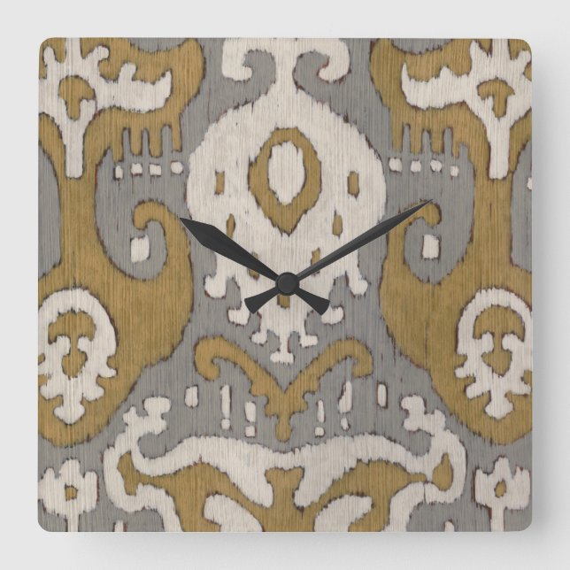 Ockerhaltiges Ikat II Quadratische Wanduhr (Vorderseite)