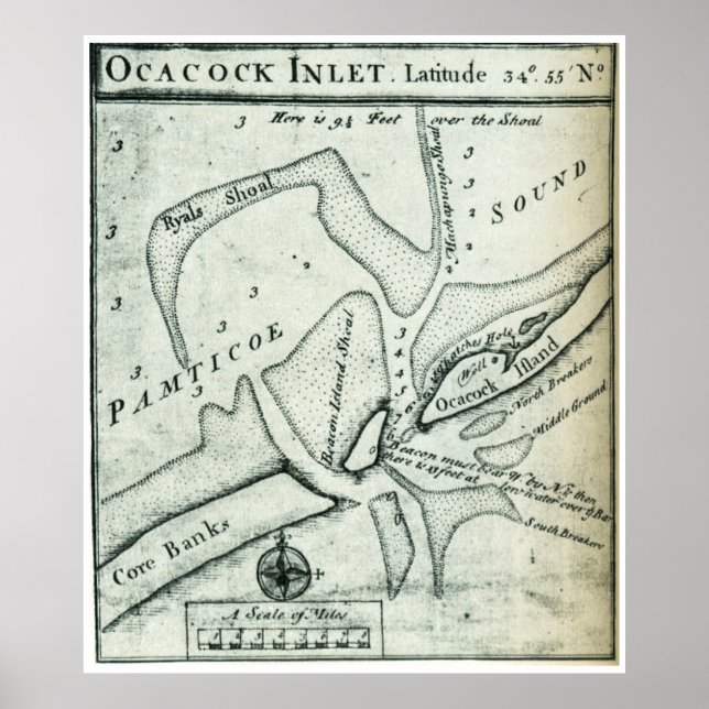 Ocracoke Inlet Map - Blackeards Anchoring (1733) Poster (Vorne)