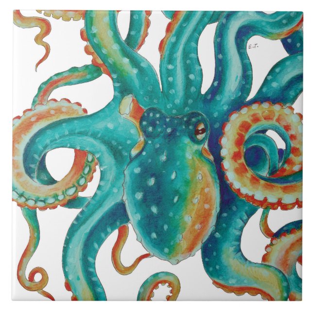Octopis aquamariner TentakelnWatercolor Fliese (Vorderseite)