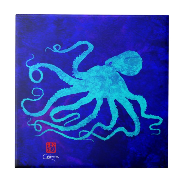 Octopus 6 R - Kleine Keramik Fliese (Vorderseite)