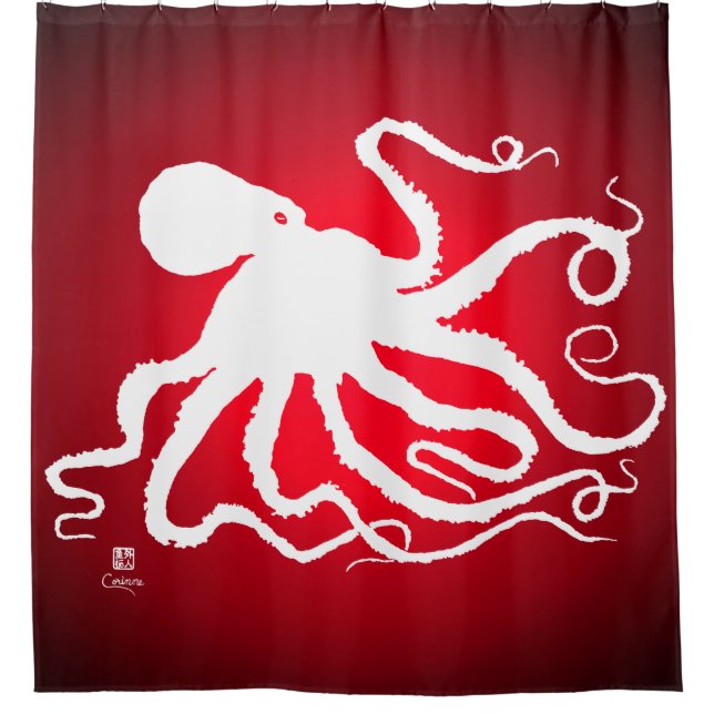 Octopus 6 sur Rouge - Rideau de douche (Devant)