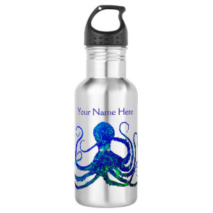 Octopus 8 Blue Green on Steel - Wasserflasche