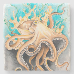 Octopus Alge Aquamarine Wasserfarbe Kunst, Dichtun Steinuntersetzer