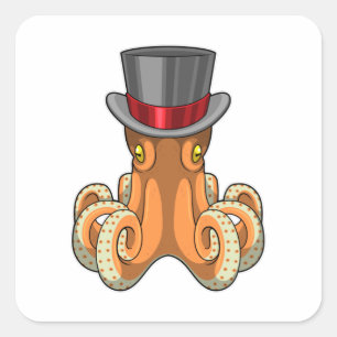 Octopus als Gentleman mit Top-Hut Quadratischer Aufkleber