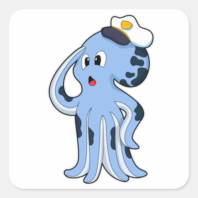 Octopus als Kapitän mit Cap Quadratischer Aufkleber (Vorderseite)