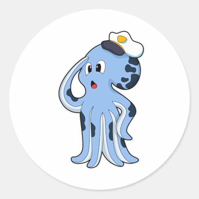 Octopus als Kapitän mit Cap Runder Aufkleber (Vorderseite)