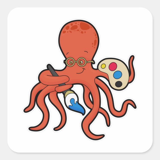 Octopus als Maler mit Pinsel und Pinsel Quadratischer Aufkleber (Vorderseite)