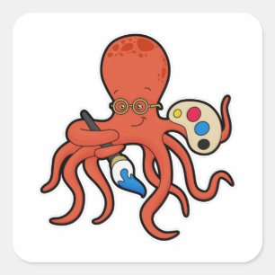 Octopus als Maler mit Pinsel und Pinsel Quadratischer Aufkleber