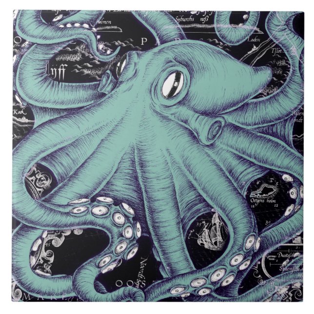 Octopus Aquamarine Vintage Karte Fliese (Vorderseite)