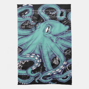 Octopus Aquamarine Vintage Karte Geschirrtuch