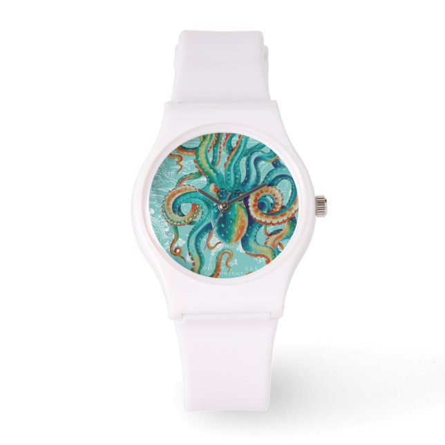 Octopus Aquamarine Vintage Karte Wasserfarbe Armbanduhr (Vorderseite)