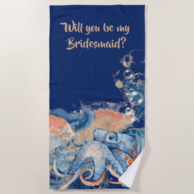 Octopus Aquarell Marineborange ist meine Brautin Strandtuch (Vorderseite)