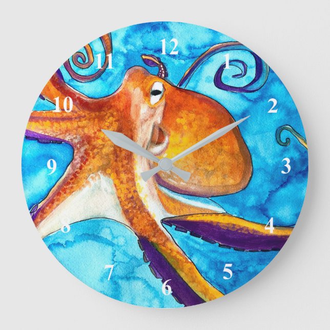 Octopus Aquarell unter Meereskunst Große Wanduhr (Vorderseite)