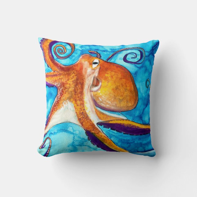 Octopus Aquarell unter Meereskunst Kissen (Vorderseite)