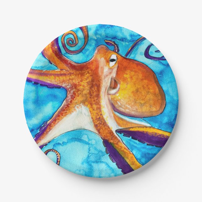 Octopus Aquarell unter Meereskunst Pappteller (Vorderseite)